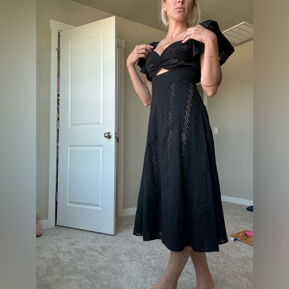BCBG Black Eyelet Midi Dress with Cutout Detail